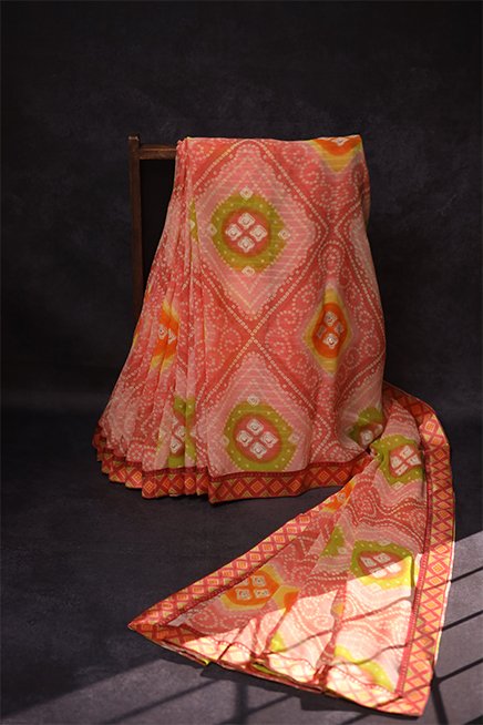 Traditional Orange Bandhini Silk Saree